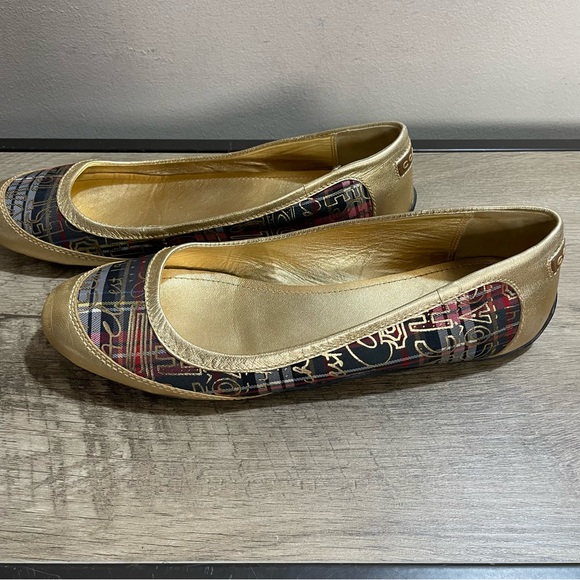 Women's COACH Metallic GOLD Leather TARTAN PLAID Graffiti DESIGNER BALLET FLATS - Picture 2 of 5